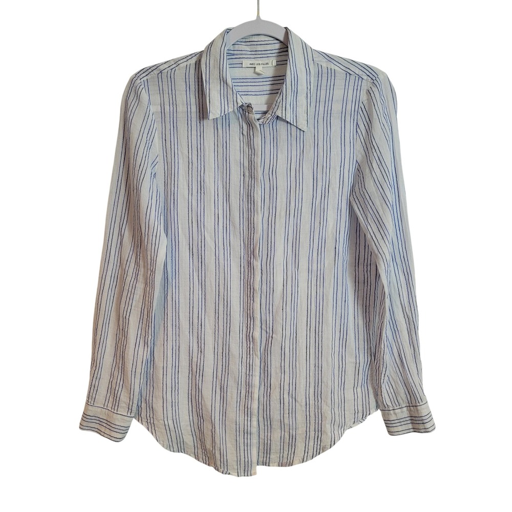 Avec Les Filles Womens XS Blue White Striped Cotton Linen Button Down Shirt